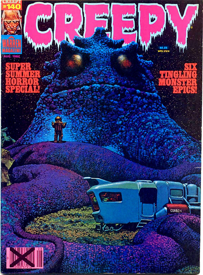 A figure in a space suit is looking up at an enormous creature with a frog/toad type face and long thick tentacles. The figure is standing on one of the tentacles with its hands up facing the creature. There is a blocky vehicle on the surface in the foreground.
Creepy magazine cover 1982.

