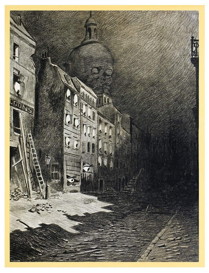 Nightmarish view of a street fading into darkness, where a large eyeball stares from behind every window, while a gigantic, threatening head topped with a lantern looms over the roofs.