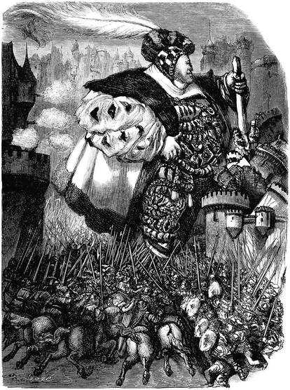 A giant dressed in sixteenth-century attire is destroying a castle with his staff while an army of tiny soldiers charges to stop him, and cannons fire from towers that are no taller than his hat.