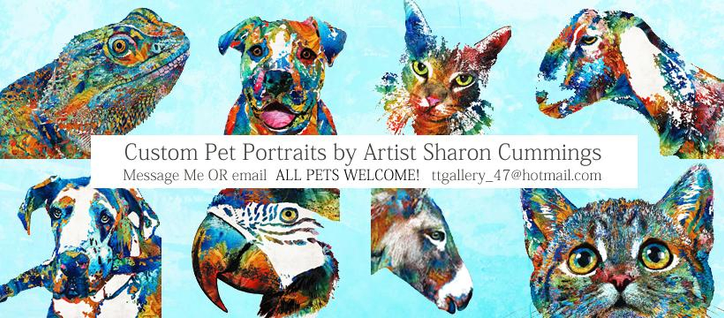 Colorful pet portraits by Sharon Cummings.