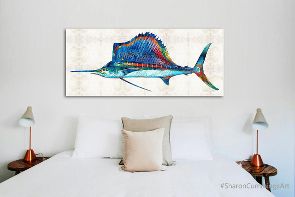 Colorful sailfish in a rainbow of colors in a bedroom setting by artist Sharon Cummings.