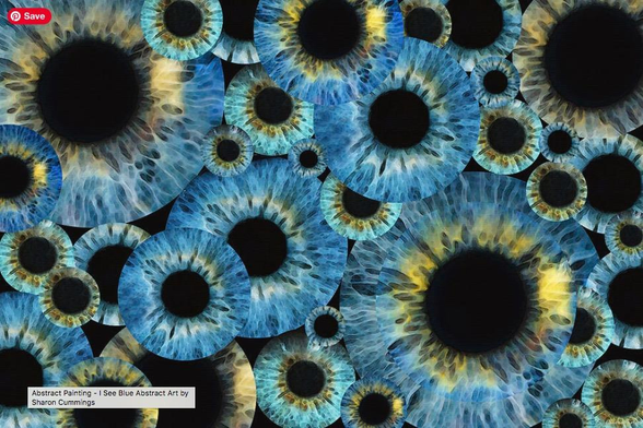Blue irises from eyes collaged into an abstract piece of art by artist Sharon Cummings.  Haiku in post.