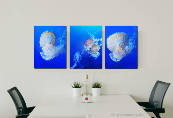 Pacific sea nettles in a dreamy blue ocean.  Photography in an office setting by Sharon Cummings.