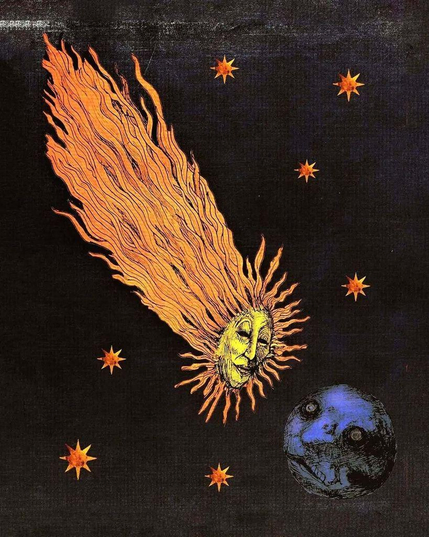 A vintage-style illustration showing a celestial body, like a comet or sun, with a human face. The object is orange and yellow, with spiky rays around the face and a long, wavy tail streaming behind it. It moves across a dark, textured background representing space, which contains several eight-pointed stars. In the lower right corner, a blue planet, possibly Earth, also has a stylized face looking up at the comet.