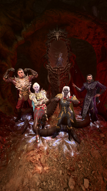 Halsin, Minthara, a female drow, and Gale Dekarios from Baldurs Gate 3 pose in front of an illithid pod that houses Mizora. They are in various triumphant poses and smiling because Mizora is trapped and is a devil and a butt.