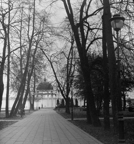 In the black-and-white photo, the alley leads to the lake. Tall trees grow along the alley. The road is paved with tiles. At the end of the alley, you can see the rotunda and Lake Onega behind it.