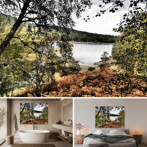 Above coloured photograph featuring the design- 

Loch Vaa Autumnal View.

Lower left design on a Canvas Print on a bathroom wall. 

Lower right design on a Canvas Print on a wall above a bed.

I took this photo, using a creative photographic filter, during a lovely autumnal walk around Loch Vaa. 

Features the tranquil loch surrounded by lush Birch trees and russet coloured ferns. 

The scene captures the stillness of the water, vibrant foliage under a cloudy sky as autumn comes to visit. 

Mockups combined in a grid format in canva.com

Click links on the main post for options.
