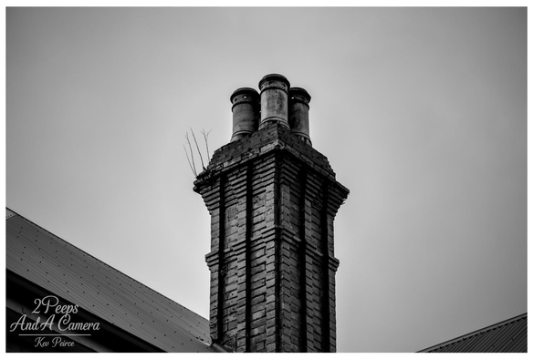 Black and white photo of a tall, weathered brick chimney stack with four cylindrical pots on top, rising against a monochrome sky. Weeds sprout from the top edge of the chimney.