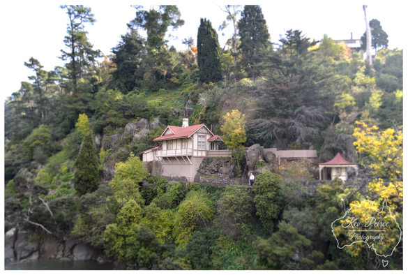 A charming heritage building with a red roof, serving as the entrance to Cataract Gorge in Launceston, Tasmania, is nestled into a heavily wooded, rocky hillside above a river.  The scene is lush with green and yellow autumn foliage.