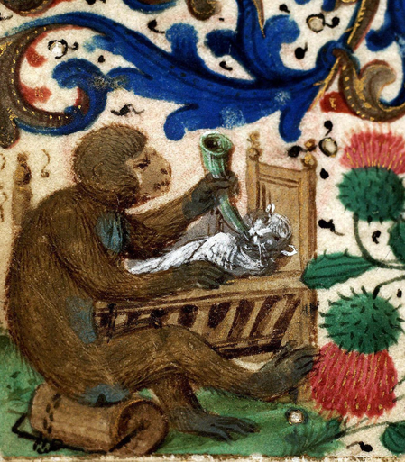 #Monkey and baby #cat. book of hours, Flanders ca. 1475-1499. Paris, Bibliothèque Mazarine, ms. 502, fol. 37v.
#medieval #MedievalArt