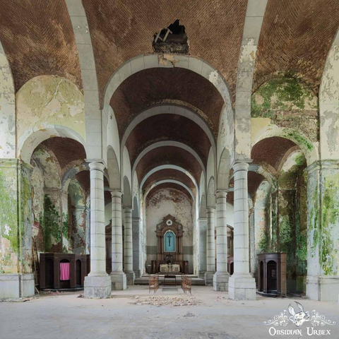 abandoned church in ruins, the arched roof held up by tall pillars 