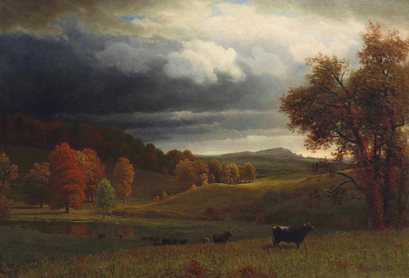 The landscape depicts a dramatic, luminist sky, with dark, heavy storm clouds on the left contrasting with bright, sunlit clouds breaking through on the right. This light illuminates a rolling pastoral scene below, where several cows graze in a grassy field, with one cow standing prominently in the right foreground. The landscape is framed by trees in rich autumn foliage, including a large tree with red-orange leaves on the right and a colorful grove on the left next to a small pond.