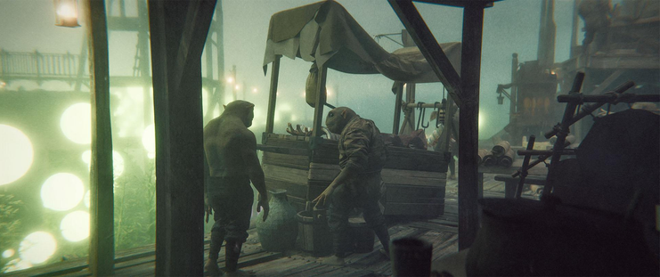 Two amphibian humanoids talk beside a wooden market stall on a cluttered pier in a greenish fog.