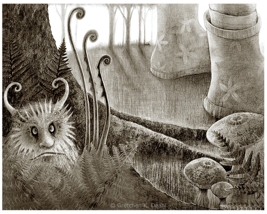 Pencil/graphite tonal drawing of a landscape. Tucked behind ferns next to the trunk of a tree, a horned creature glares outward with a scowl at being disturbed. Unaware of the little beastie, the flowered boots of a young girl stand near by, for she is intent on hunting for tasty mushrooms. The two may become acquainted very soon, as there some lovely edible shrooms at her heel. NOTE: They both like mushrooms for dinner.