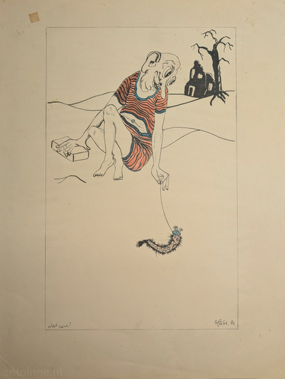 A pen-and-ink with drawing with a grotesque, anthropomorphic figure seated on the ground in a sparse landscape. The figure has an oversized, misshapen head with large, irregular ears and exaggerated facial features, including a wrinkled, slightly distorted face and a prominent nose. It is seated with its knees bent, wearing a garment that resembles a striped bathing suit or romper, primarily in orange/black horizontal bands.

One hand is resting on a simple rectangular object or box on the ground to its left. The other hand is extended downward, holding a thin string or thread. Attached to the string is a large, hairy caterpillar or grub-like creature. The creature is colored in black/dark blue.

The setting is a minimalist, desolate landscape, indicated by simple, curving lines for hills or dunes. In the upper right background, there is a silhouette of a ruined building and a bare, gnarled dead tree, both rendered in solid black ink.