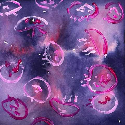 An abstract background of pinks and purples over which little caricatures of jellyfish are painted in hot pink. The jellies glow under blacklight.