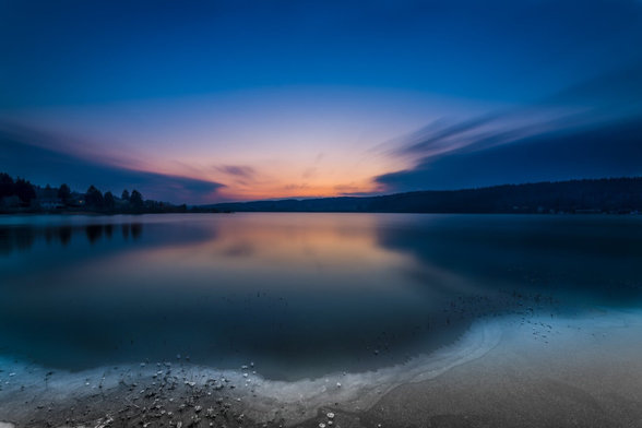 Mountain lake at sunset. 
Long exposure
