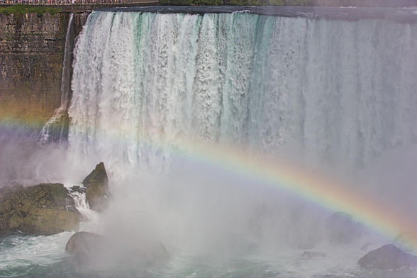 The Image shows a rainbow in front of the horse shoe falls in Niagara Falls Canada 
