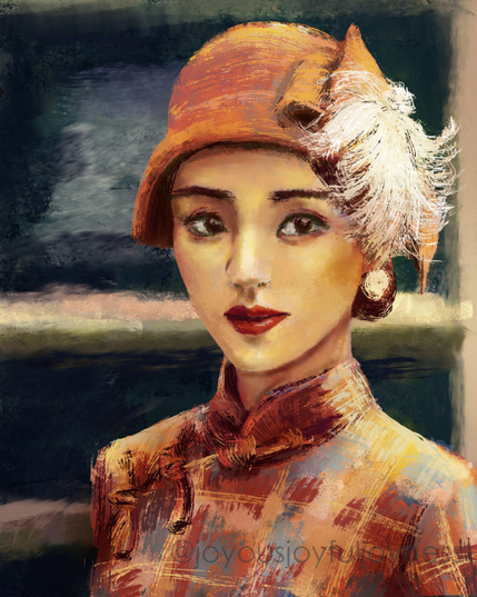 Painting of a vintage woman wearing retro an orange Chinese qipao dress and hat. The artist's signature and @joyousjoyfuljoyness watermark are at the bottom.