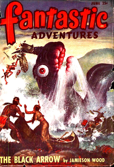 Native Americans with canoes are being attacked by a huge serpent-like creature rising from the water with a horn on its head.
Fantastic Adventures magazine cover from 1948.
