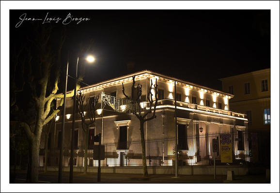The image captures a stately building illuminated at night, its classical architecture accentuated by warm spotlights. The light highlights the building's facade, revealing clean lines, tall rectangular windows, and a prominent cornice that runs along the roofline. The brightness contrasts beautifully with the deep night sky, creating a serene and somewhat dramatic ambiance.
In the foreground, a leafless tree with thick, textured branches stands, its silhouette like angular brushstrokes against the glow of the building. This barren tree adds an element of starkness, possibly suggesting a season like late autumn or winter. The interplay between the natural forms of the tree and the geometric precision of the building creates a compelling visual tension.
Above the building, soft string lights trace along the balcony, adding a festive or elegant touch, infusing the scene with warmth and subtle celebration. The overall mood of the scene is peaceful yet dignified, resonant with cultural richness and urban charm.
This kind of architecture, paired with lighting, often symbolizes heritage and continuity, celebrating the built environment's role in history and community. The artist's signature in the corner suggests an appreciation for this nocturnal cityscape, framing it as an enduring and beautiful moment in time.
