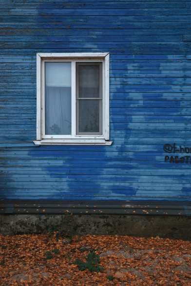 The foreground shows a wooden blue house with a white-framed window. The house is surrounded by orange autumn leaves.