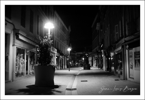 This black-and-white photograph captures a quiet, nighttime scene in what appears to be a narrow urban street or alleyway. The street is flanked by commercial buildings with illuminated storefronts, whose glass windows reflect the faint glow of street lamps. The lamps themselves emit a soft, diffused light that creates pools of brightness, contrasting with the enveloping shadows in the corners and upper sections of the image.

A large planter with a conical-shaped shrub sits prominently in the foreground, its shadow stretching along the smooth pavement. The pavement has a subtle sense of texture, punctuated by gentle curves and a faint manhole cover near the center. The street’s perspective draws the viewer’s eye deep into the image, where the buildings and street lamps gradually recede, lending a sense of depth and stillness.

Artistically, the monochrome palette enhances the timeless, almost nostalgic atmosphere of the scene. The absence of color heightens the textural contrasts between light and shadow and directs attention to composition and form. The quietness of the night, paired with the empty street, evokes themes of solitude, calm, and reflection often explored in urban photography.
