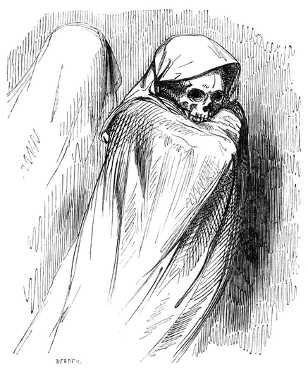 A skeleton is draped in a hooded gown, revealing only its skull.