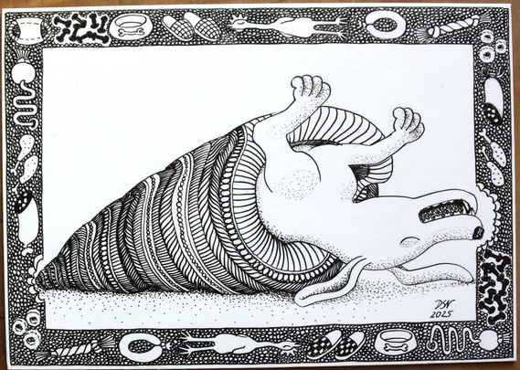 Ein Hund ragt mit seinem Vorderteil aus der Öffnung einer reich gemusterten Türmchenschnecke, wobei er mit dem Ausdruck höchster Wonne auf dem Rücken liegt. Gerahmt ist das Motiv mit einem Fries verschiedener Hundeattribute wie Puschen, Würste, Futternäpfe und Spielbälle.