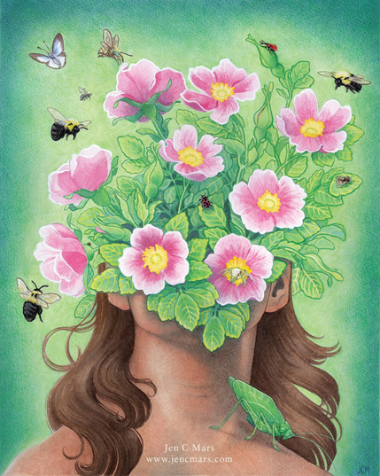 Surreal watercolor painting of a portrait of a woman with brown hair and what seems to be a prairie rose bush with bright green leaves and pink flowers with yellow centers. There are bumblebees and other small bees, a red weevil, a flower fly, a ladybug, and a secret crab spider in and around the foliage. A large green katydid is resting on her collar bone. The background is a soft green with vignette of blue-green