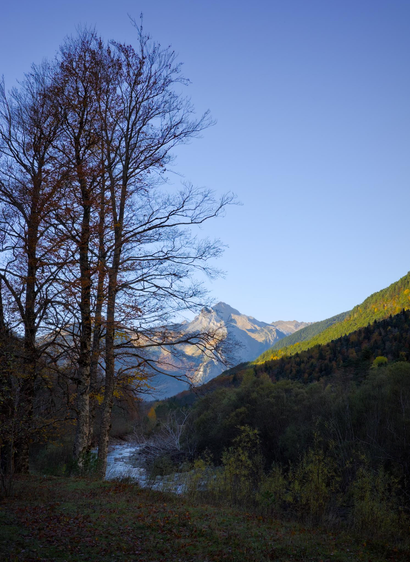 Fotografía de un paisaje, desde la orila de un rio que ocupa el triángulo inferior izquierdo, unos árboles ocupan el tercio izquierdo del cuadro. En el centro inferior se ve el agua del río haciendo una curva reflejando el azul del cielo. A la derecha la ladera de una montaña cubierta de arboles, predominantemente verdes, algunos con el follaje amarillo anaranjado. Detrás al fondo un pico montañoso completa la composición. Arriba el cielo azul despejado.