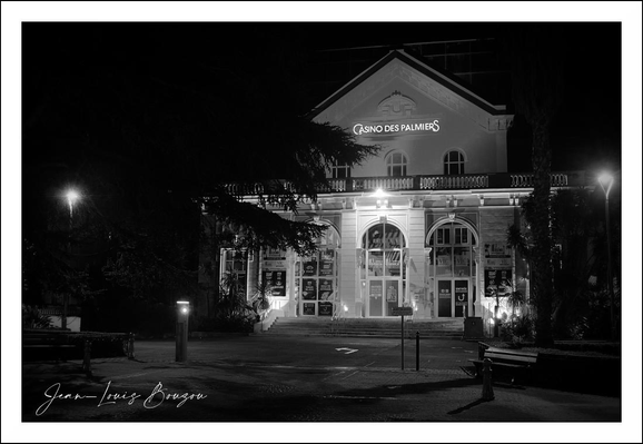 The image captures a stately building at night, rendered in evocative black and white tones that add a timeless, almost cinematic quality to the scene. The building’s architecture is classic and symmetrical with a sense of grandeur. Its facade is adorned with multiple tall, arched windows, softly illuminated from within and casting light onto the surrounding entrance area. Above the entrance, the illuminated sign reads "Casino Des Palmiers".
The framing of the photo emphasizes the building’s central position, with the symmetry of the windows and entrance drawing the viewer’s eye directly to the illuminated sign and doors. The play of shadows from surrounding trees and perhaps ornamental street lights adds depth and mystery to the scene. The bare outlines of palm trees are visible, their forms softened by the night, which complements the casino’s name and suggests a warm, possibly Mediterranean or subtropical setting.
Culturally, casinos often symbolize excitement, risk, and luxury, and this older, elegant building likely holds a rich history. The natural setting and nighttime lighting create a serene yet intriguing atmosphere, inviting curiosity about the stories held within the illuminated windows and the lives that have passed through these doors.
Overall, this photograph combines architectural elegance with moody night photography to create a captivating, almost poetic portrait of a place where social rituals unfold under the quiet cover of night.
