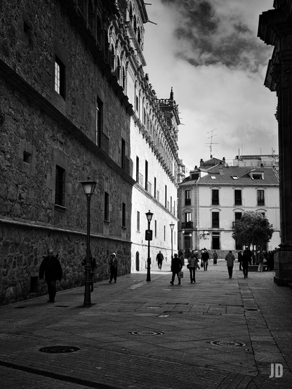 Fotografía en blanco y negro de una calle urbana con edificios históricos y personas. A la izquierda, un imponente edificio de piedra oscura con una fachada texturizada y ventanas, su parte superior más ornamentada. A la derecha, un largo edificio con una fachada clara y numerosas ventanas arqueadas y balcones se extiende hacia el fondo, bañado por el sol. La calle adoquinada, flanqueada por farolas clásicas, está animada por varias personas que caminan, solas o en pequeños grupos. Las fuertes sombras de los edificios y las figuras se proyectan sobre el pavimento, creando un marcado contraste. Al fondo, se vislumbran otros edificios y un cielo parcialmente nublado.