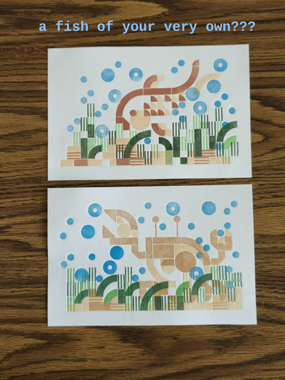 fish and crab lego prints, with the text "a fish of your very own???"