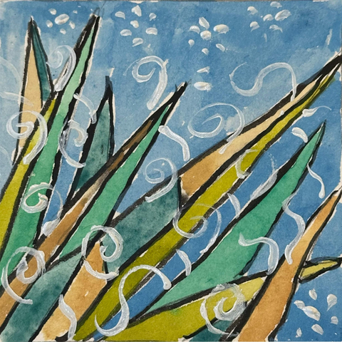 Triangular shapes in ink and watercolour with off white spirals of acrylic paint overlaying them.