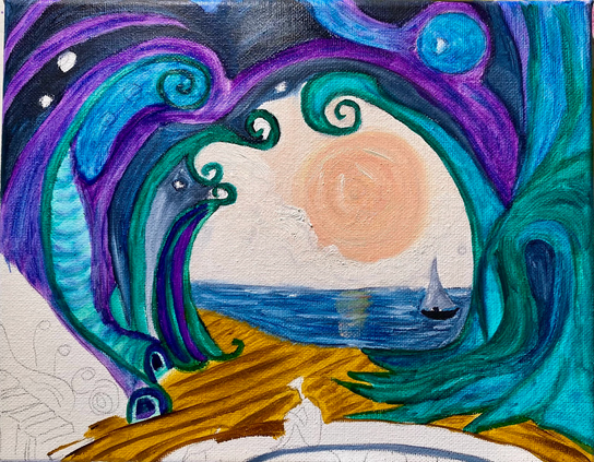 A surreal landscape with an ocean horizon and a sailboat in the background, framed by purple and green and blue swirling trees. The hints of a balcony and figures in the foreground. It is unfinished. 
