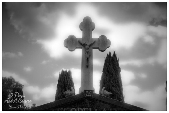 A monochrome (black and white) photograph by Bron Peirce captures a detailed, stone crucifix with the figure of Christ (corpus) on a tombstone.

The cross has trefoil like ends and is silhouetted against a bright, cloudy sky, which is a significant part of the composition.

Two dark, columnar cypress trees stand behind the tombstone, flanking the base of the cross. Two small stone bird figures (likely doves) are visible on the top corners of the tombstone base beneath the cross.