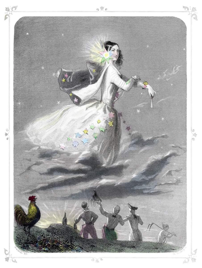 A female figure stands on clouds, passing across the sky, adorned with a glowing, starry flower worn like an extravagant earring. Meanwhile, on the ground, a rooster sings to welcome the sunrise, while a group of men in uniform greets her.
