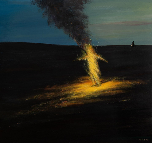 An abstract painting depicting a figure engulfed in flames against a dark background, with smoke rising into the sky. A distant silhouette is visible in the background, adding to the dramatic and surreal atmosphere.
