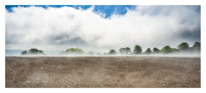 The image depicts a serene rural landscape shortly after a summer rain, evoking a sense of freshness and tranquility. In the foreground, a wide expanse of freshly plowed earth stretches out, its rich brown soil clumped and textured like soft, damp crumbs underfoot, with faint wisps of steam or mist rising gently from the ground, carrying the earthy scent of petrichor. The field appears vast and open, perhaps still glistening with residual moisture from the recent shower.Beyond the field, a distant line of lush green trees forms a natural horizon, their leaves vibrant and full, suggesting late spring or summer growth. The trees are partially shrouded in a soft, rolling layer of fog or low-lying clouds, creating a mystical veil that blurs their outlines and adds a cool, humid haze to the air, as if the rain has just lifted and the world is breathing out its relief.Above, the sky dominates with a dramatic bank of fluffy white clouds, thick and billowing like cotton, drifting across a patch of clear blue sky that peeks through in the upper portion. The clouds have a slight gray undertone on their undersides, hinting at the passing storm, while the overall atmosphere feels calm and rejuvenating, with the promise of sunshine breaking through. The scene conveys peace, renewal, and the quiet hush that follows a warm summer downpour, where the air might feel crisp yet heavy with humidity, and distant sounds like birdsong or dripping leaves could punctuate the stillness.