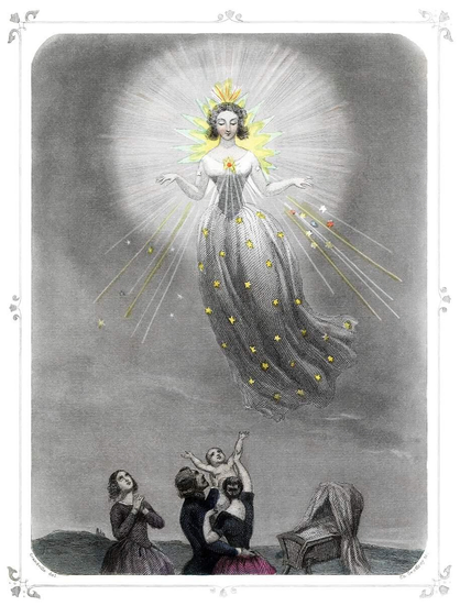 A female figure with a radiant halo floats upright in mid-air as a couple holds out their newborn baby to her.