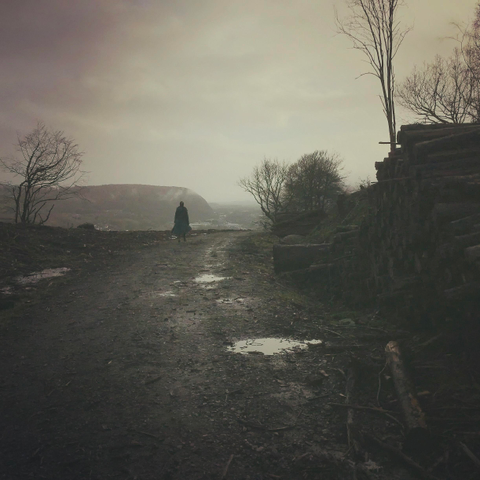 #AltText A coated person walks a rough forest track, small, walking away from the viewer, towards a open valley view. Her frame flanked by felled, stacked conifers, and left to remain exposed broadleaves, worn yet still sentinel. Her shadowed booted frame against dusk light, tracks, dirt, gravel, small pools and clear-fell debris all reflects passed rain. Murky golden, dark conifer tones. You can smell the cut, scrub pine. 