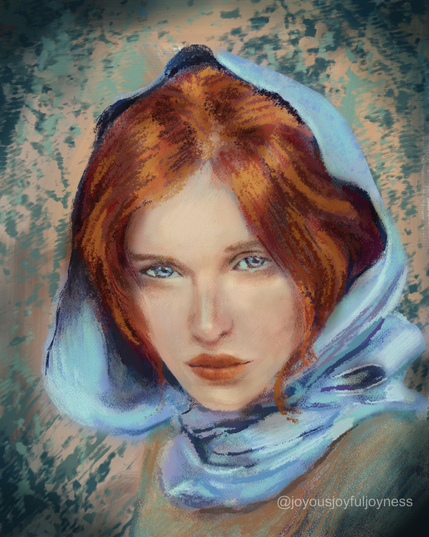 Painting of a red-headed woman with light blue eyes wearing a blue headscarf, looking out at the viewer. The artist's signature and @joyousjoyfuljoyness watermark are at the bottom right.