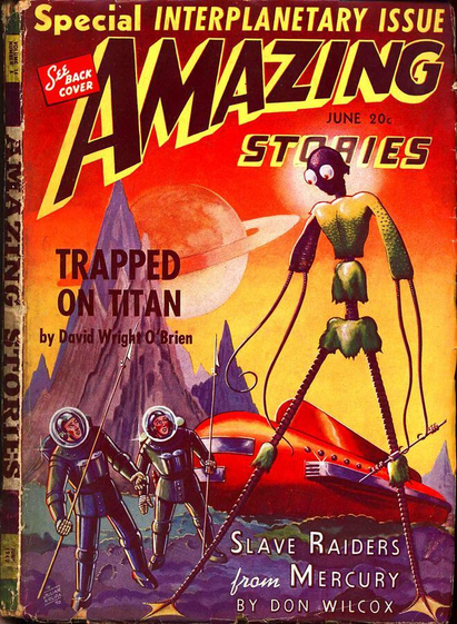 Two human figures in space suits, carrying spears, look up at a tall spindly alien creature more than twice their height. A space ship and pointed mountains are visible in the background and Saturn is seen in the sky.
Amazing Stories magazine cover from 1940.
