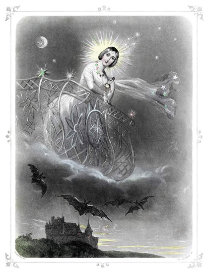 A female figure with a radiant glow around her head leans on a balcony floating in the night sky, supported by clouds. She holds what looks like a flashlight in her hand as bats flutter beneath her, while a castle is visible in the background.