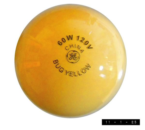 Top view of a standard General Electric 60-watt yellow bug bulb.  Yellow bulbs don't attract as many flying insects as standard bulbs do.  The ones that ARE attracted to yellow bulbs should be shunned until they get with the program.  Alas, these bulbs do little to cut down on the number of unwanted salespeople, political canvassers, and religious fanatics that come to my door.  On the bright side:  old-fashioned torches and pitchforks still work well, so always keep a few on hand.  