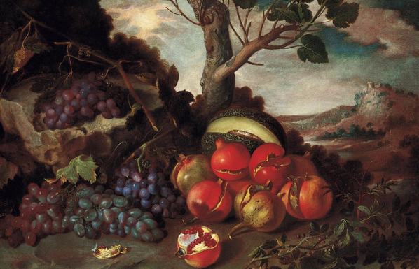 Still life in Landscape (Pomegranates)
Oil on canvas, 72.5 x 109.3 cm, by Tomás Yepes, 1650–60
BBVA Collection, Spain