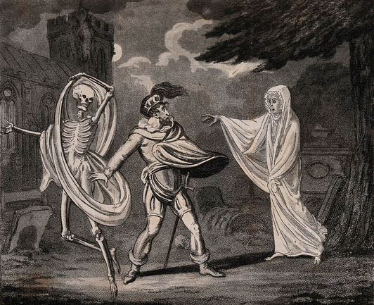 A man in armour is confronted by a ghost and a skeleton