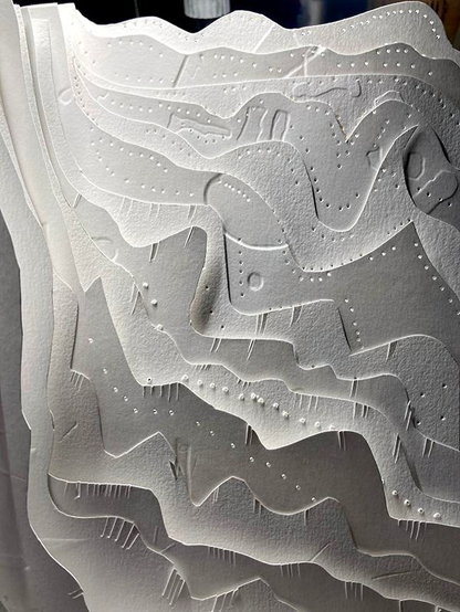 Au format paysage. L'image montre un livre en cours de réalisation. Quatorze pages blanches, coupées à des hauteurs différentes mais toutes visibles  sont perforées et gaufrées. Elles forment ainsi un jeu de reliefs, d'ombres et de lumières.