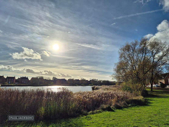 A beautiful, bright scene dominated by a lake and with expansive sky. The autumn sun is shining brilliantly in the upper left of the picture, casting a strong backlight that illuminates the clouds with a soft glow. The sky itself is a vibrant blue streaked with high, cirrus-like clouds, with a faint contrail visible near the top right from a passing plane. In the foreground, the water's edge is lined with tall, golden-brown feathery reeds and grasses, contrasting with a vivid green patch of grass that extends toward the viewer.

Across the water, a row of residential houses defines the horizon, homes nestled beside the natural landscape. To the right, a large, mature tree, still partially holding its foliage, frames the scene and adds depth. The sunlight reflects intensely on the water's surface, creating a sparkling effect and highlighting the warm, earthy tones of the dry grasses and the cooler colors of the water and sky. The overall impression is one of a peaceful, sunny autumn day by a suburban lake.

In one corner of the image, there's the photographers name that reads "PAUL JACKSON" in white text on a dark rectangular background.
